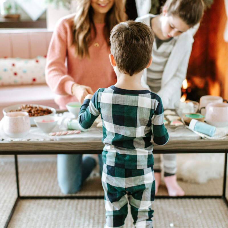 plaid pajamas on christmas morning