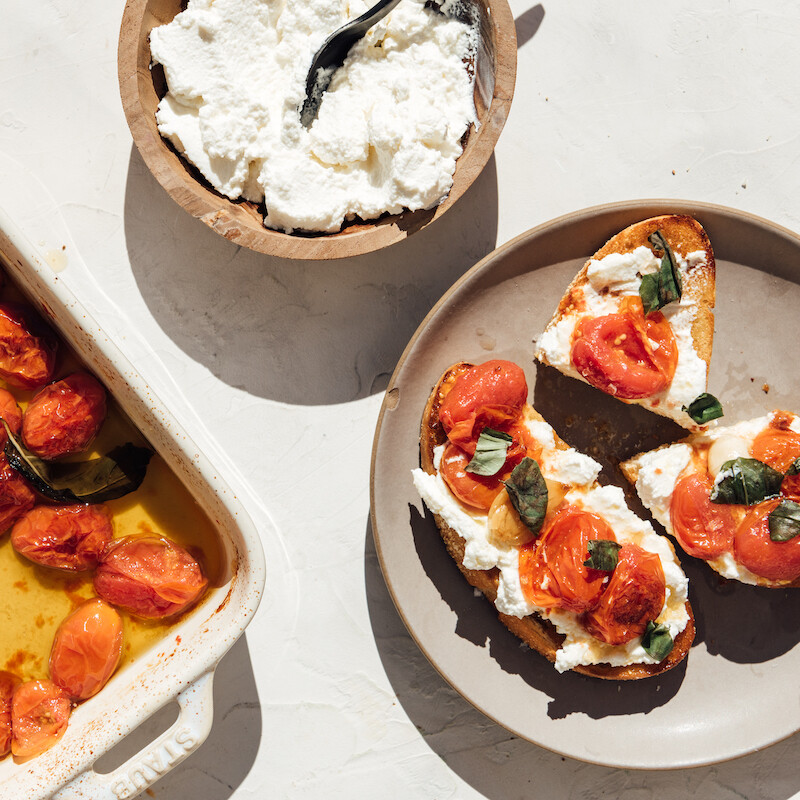 bruschetta with slow roasted cherry tomatoes and ricotta