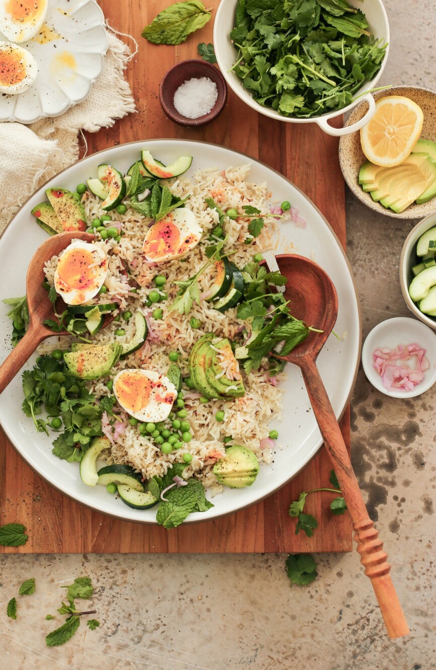 Spring Rice Salad with Fresh Herbs Eggs and Avocado.