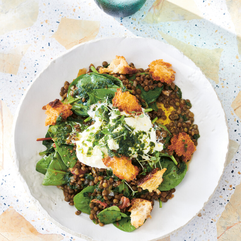 Warm lentil salad with burrata & basil oil