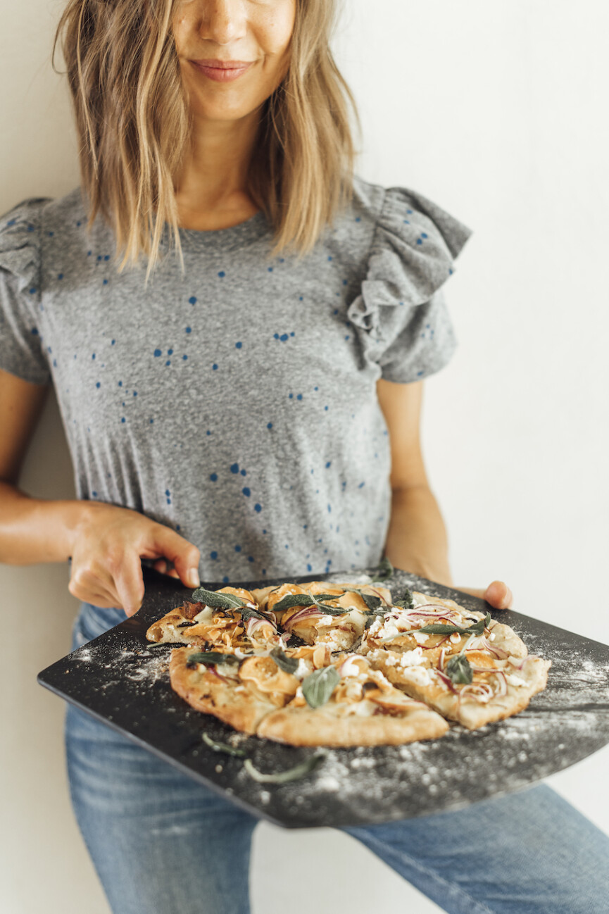 camille styles with bacon, apple, and sweet potato pizza