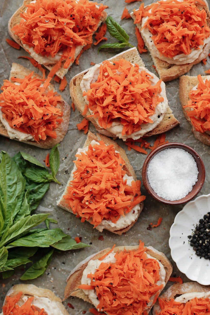 Carrot hummus toasts.