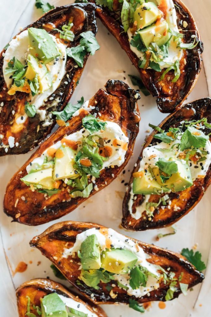 Crispy Roasted Sweet Potatoes with Yogurt, Herbs, and Everything Spice