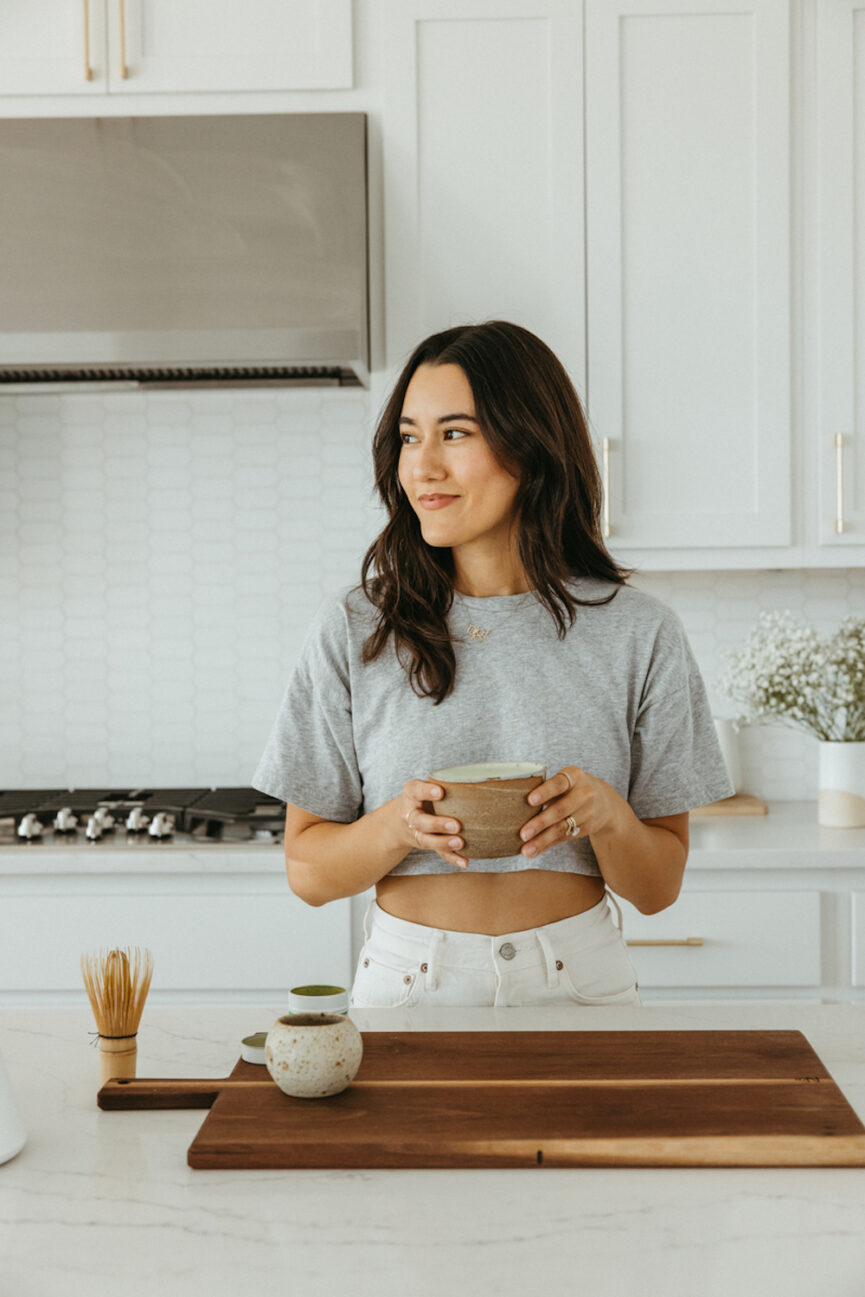 Woman drinking matcha.