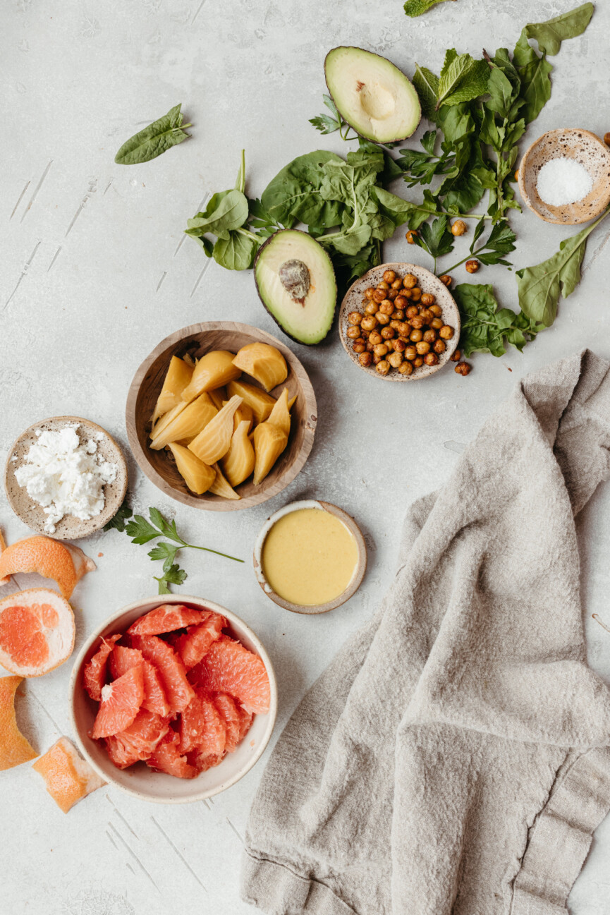 grapefruit avocado salad with golden beets, crispy chickpeas, and feta - easy healthy lunch