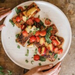 grilled plank salmon on white plate