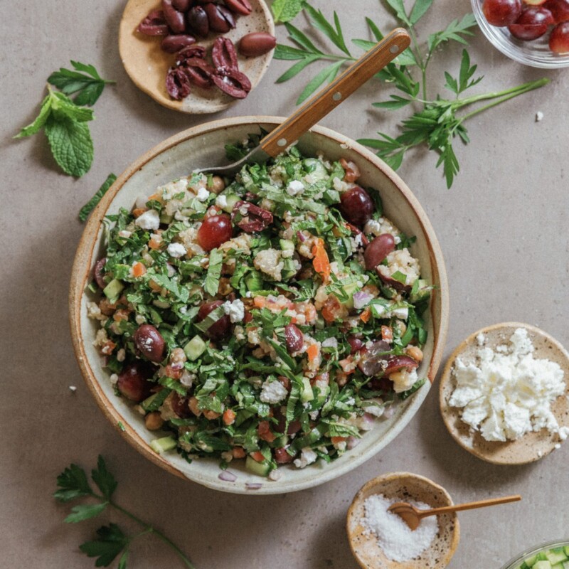 Mediterranean grain bowl with greek salad flavors - foods to boost fertility