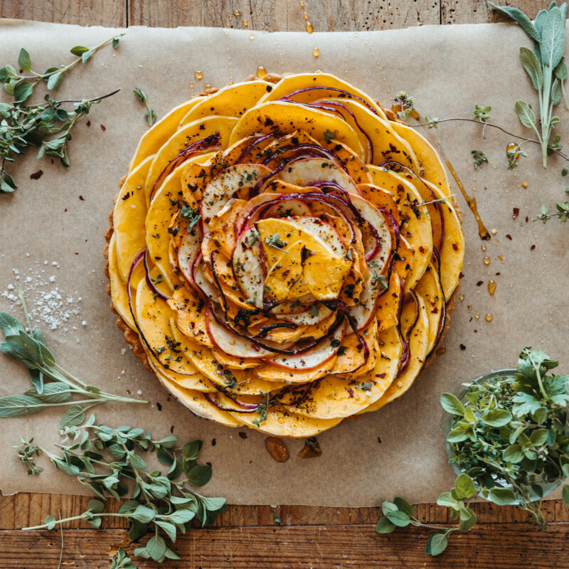 butternut squash and apple tart with ricotta, vegetarian thankskgiving main course