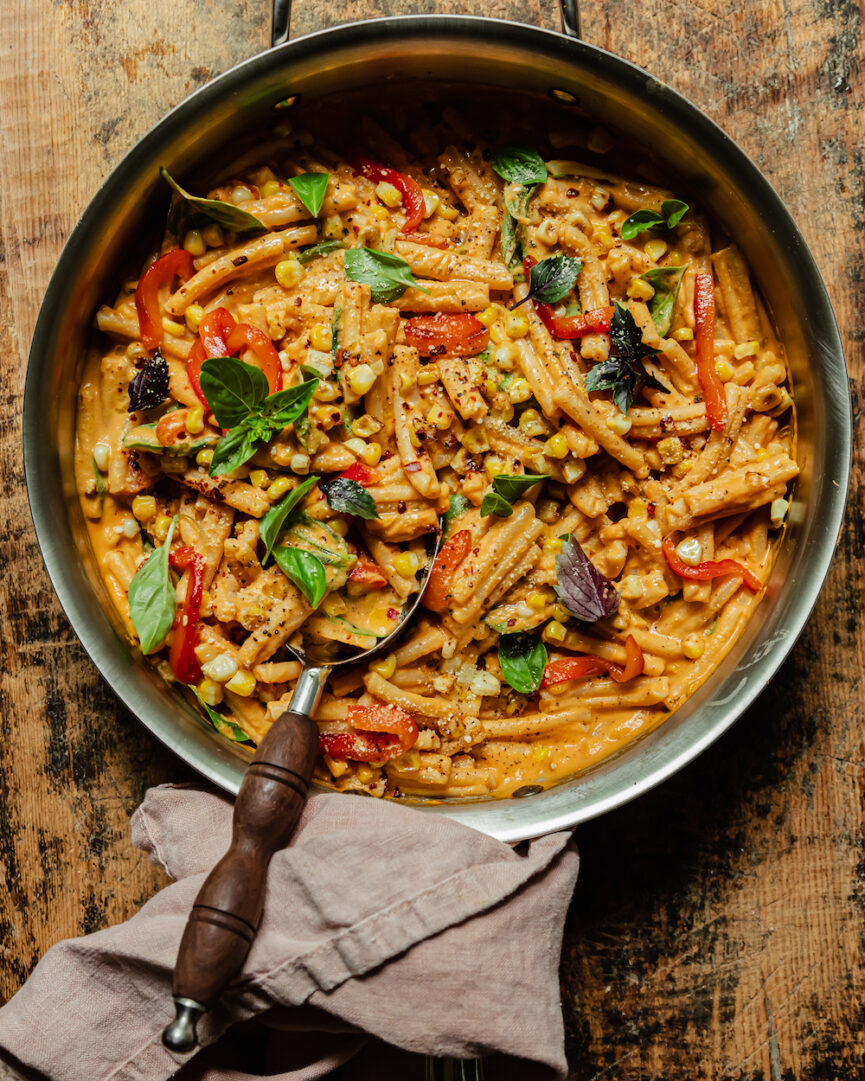 Vegan Red Pepper Pasta with Charred Corn & Basil