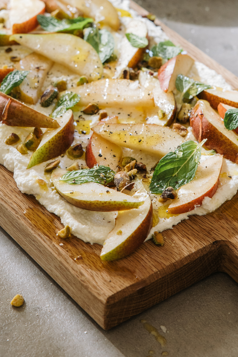 ricotta board recipe with pears and pistachios on casa zuma gathering board, fruit, winter appetizer