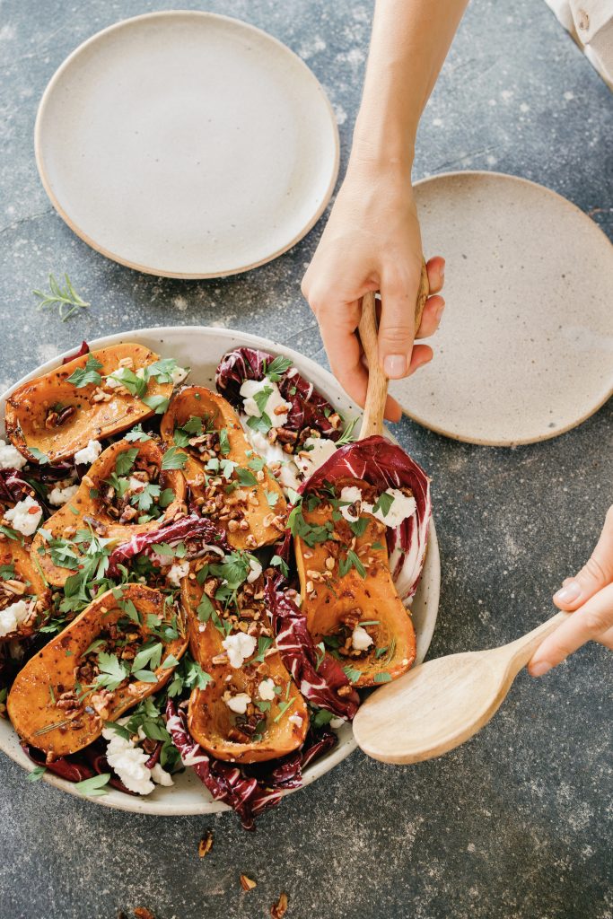 roasted honeynut squash recipe with raddichio, goat cheese and pecans