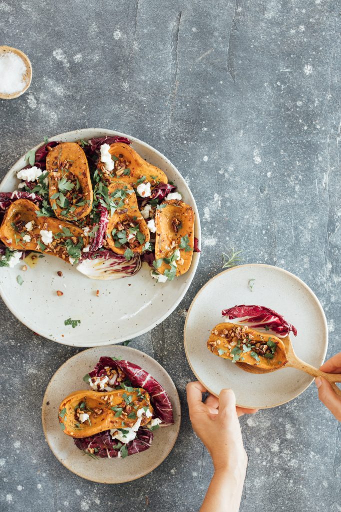 roasted honeynut squash recipe with raddichio, goat cheese and pecans