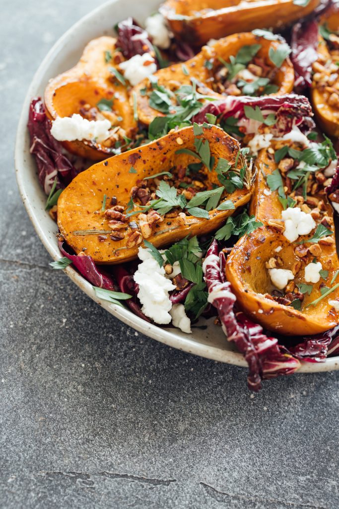 roasted honeynut squash recipe with raddichio, goat cheese and pecans