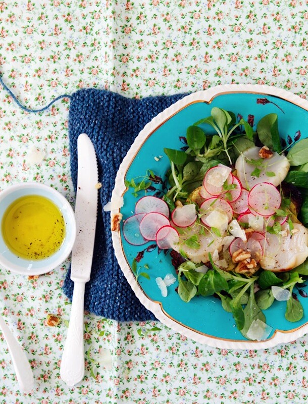 Mache Salad with Scallops & Potatoes