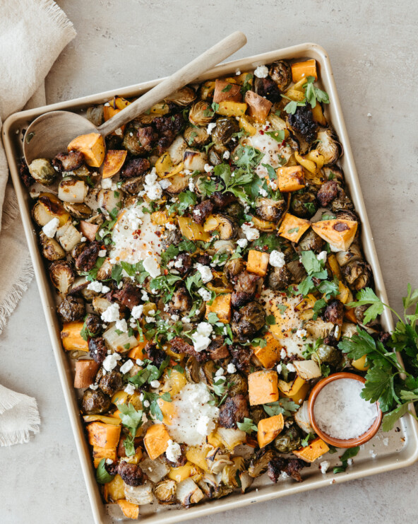 sheet pan harvest hash with sweet potatoes, brussels sprouts, and sausage - ingredients - vegetables - winter produce