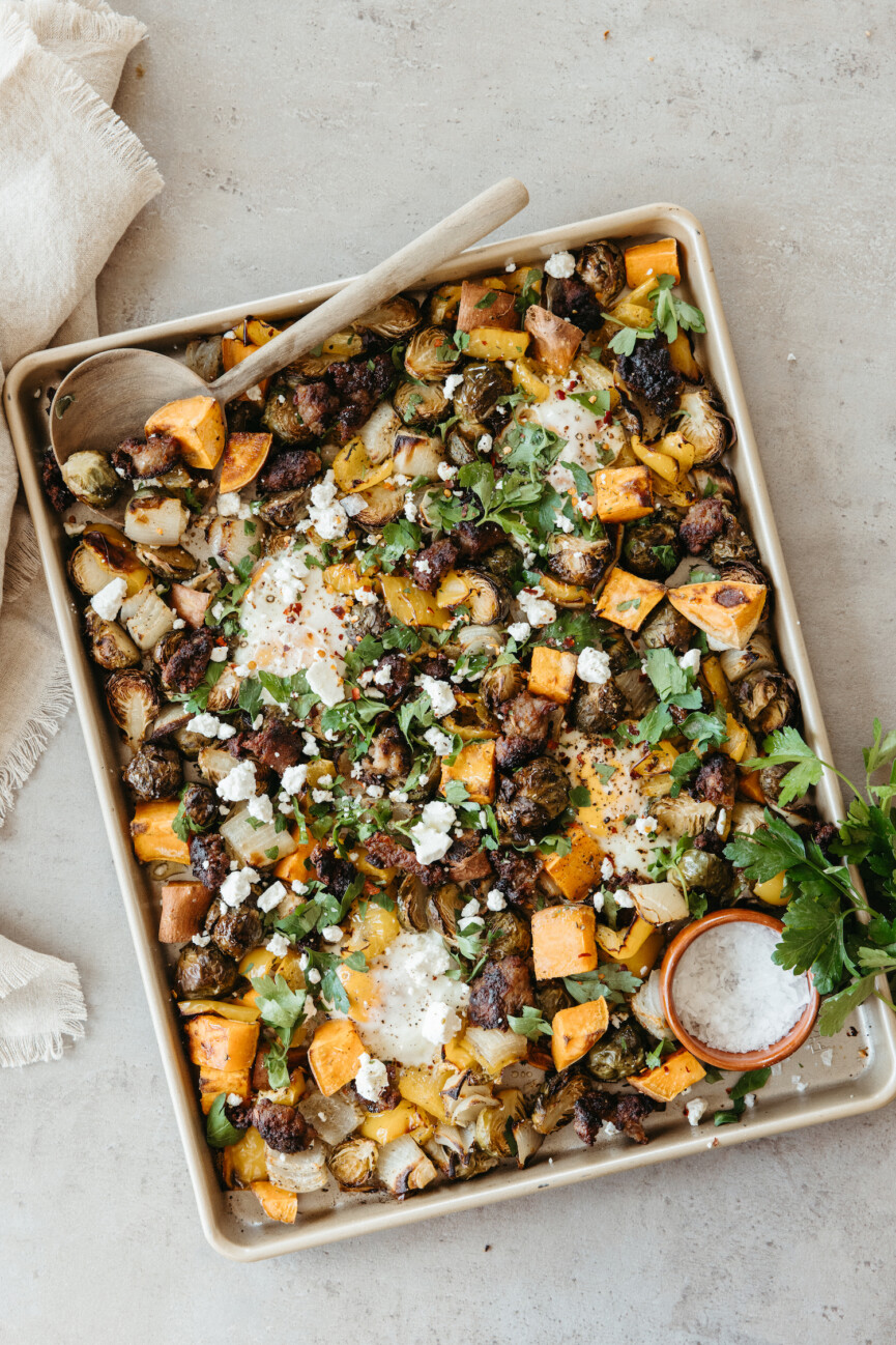 sheet pan harvest hash with sweet potatoes, brussels sprouts, and sausage - ingredients - vegetables - winter produce