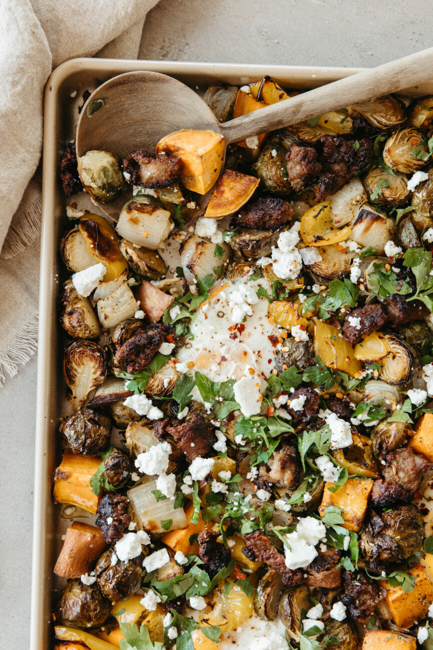 sheet pan harvest hash with sweet potatoes, brussels sprouts, and sausage - ingredients - vegetables - winter produce