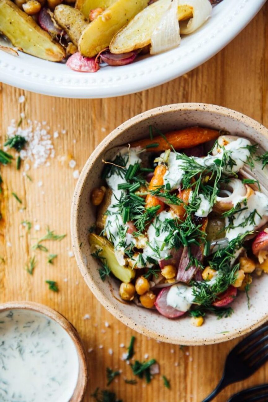 Sheet Pan Veggie Bowl with Yogurt and Herbs