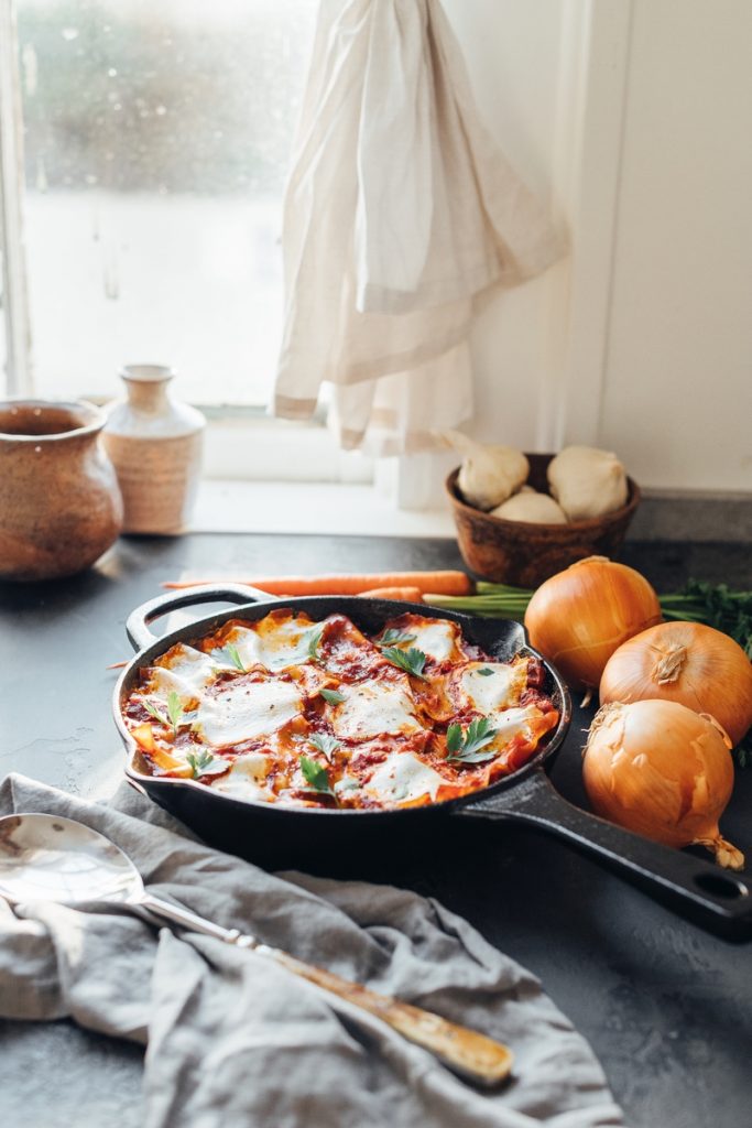 eggplant lasagna in non-toxic skillet