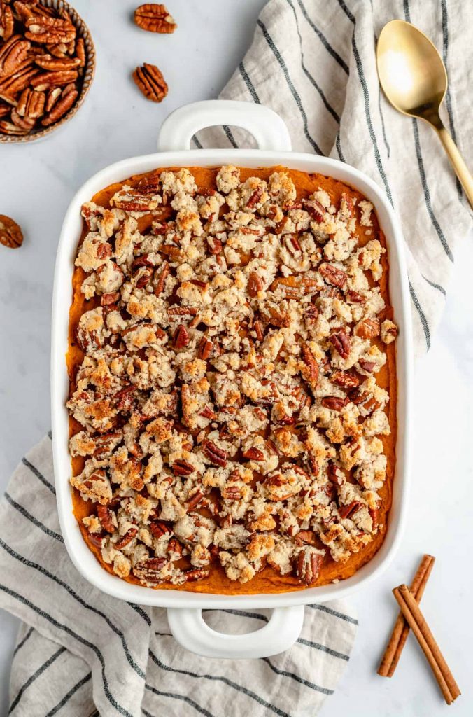 Vegan Sweet Potato Casserole with Maple Pecan Topping