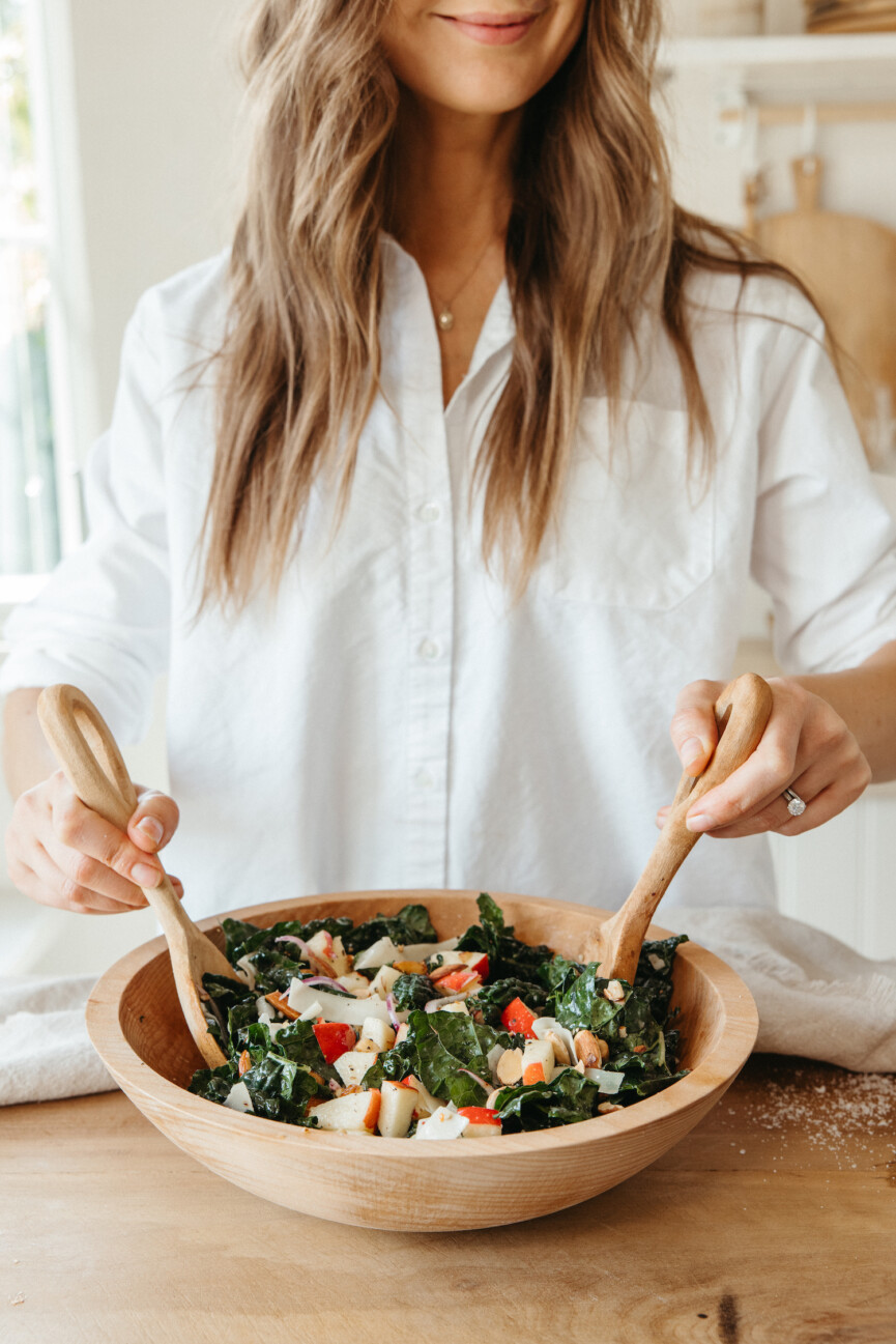 kale apple salad with almonds and gruyere