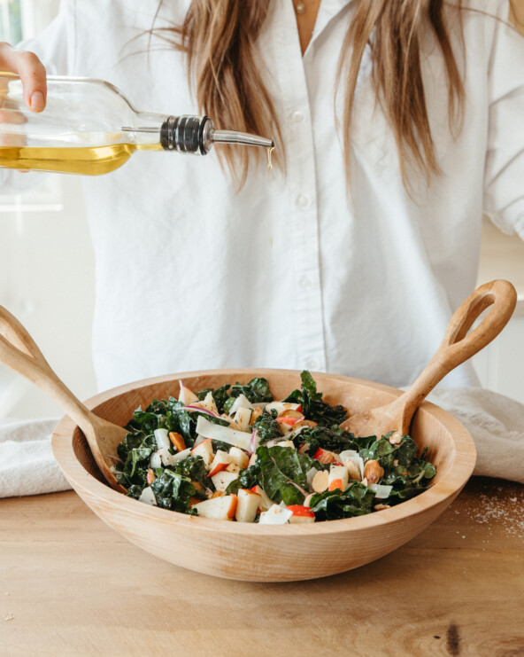 kale apple salad with almonds and gruyere